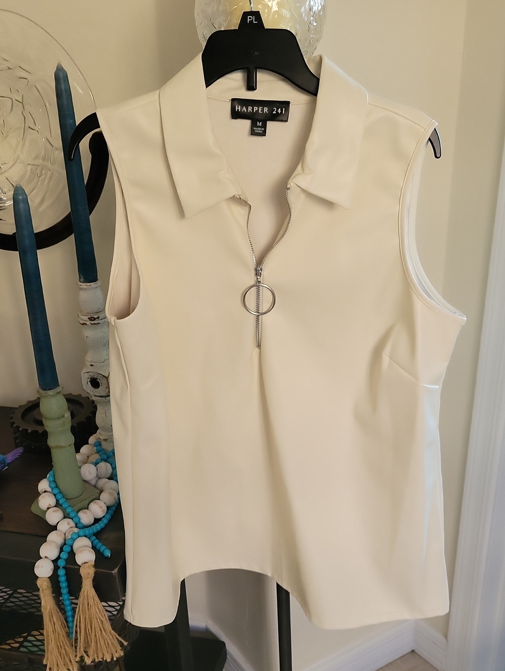 Harper Cream Sleeveless Zip Collar Top